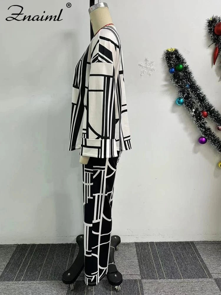 Znaiml Fashion Printing Wide Leg Pants Sets for Women O Neck Long Sleeve Loose Top and Trousers Two Pieces Streetwear Outfits