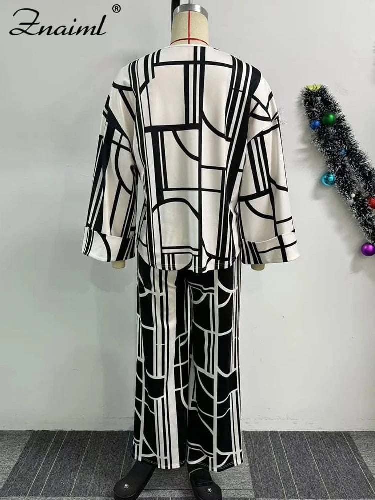 Znaiml Fashion Printing Wide Leg Pants Sets for Women O Neck Long Sleeve Loose Top and Trousers Two Pieces Streetwear Outfits