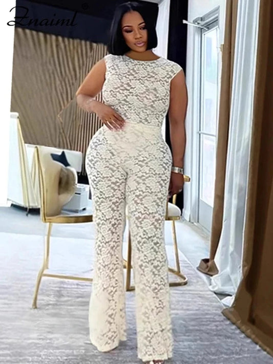 Znaiml Lace See Through Sexy Party Two Piece Set Sleeveless Bodysuits Top and Wide Leg Pants Women Summer Night Club Outfits