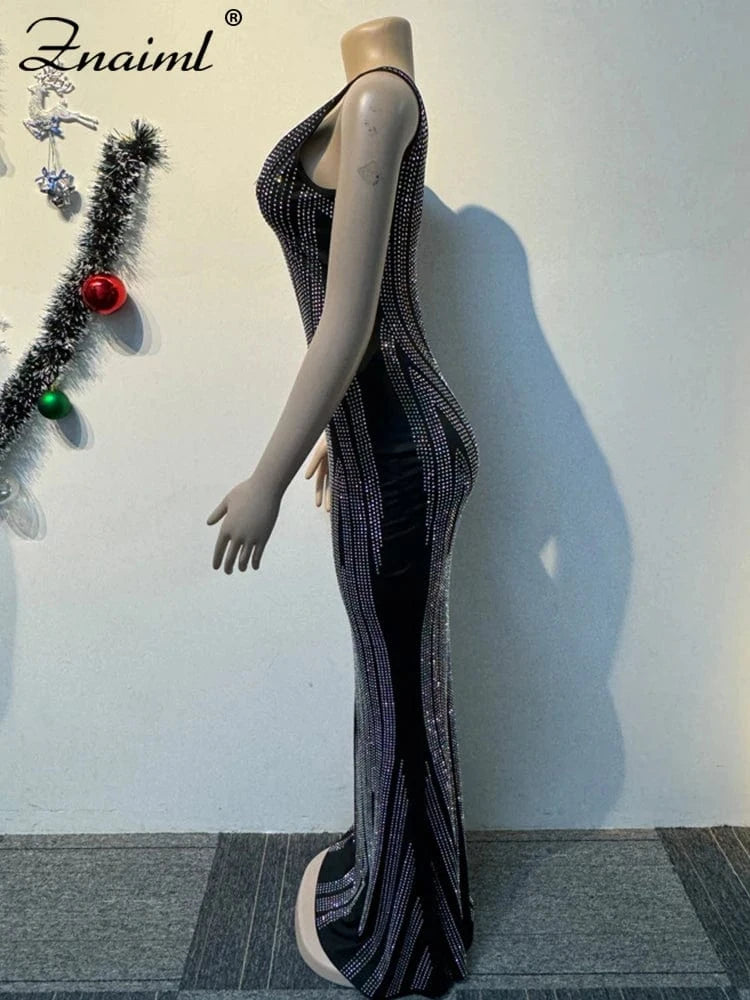 Znaiml Luxury Black Evening Party Dresses Sexy Festival Show Birthday Special Ocassion Women Rhinestone Sleeveless Slim Vestidos