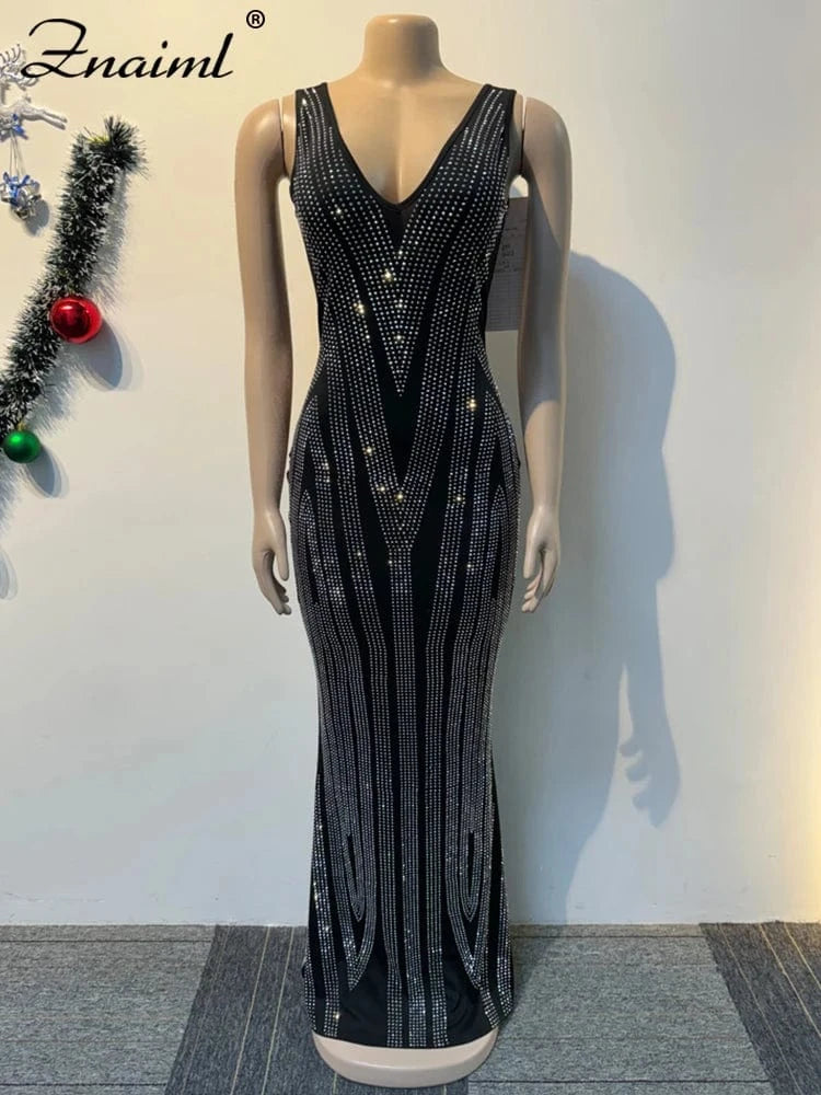Znaiml Luxury Black Evening Party Dresses Sexy Festival Show Birthday Special Ocassion Women Rhinestone Sleeveless Slim Vestidos