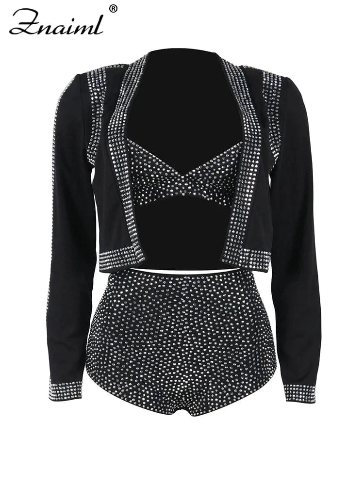 Znaiml Luxury Black Rhinestone Outfits Women Jacket Bra Crop Top and Shorts 3 Pieces Set Elegant Birthday Night Club Prom Suits