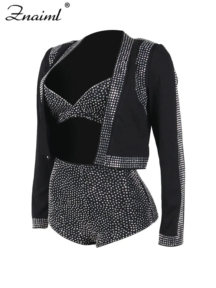 Znaiml Luxury Black Rhinestone Outfits Women Jacket Bra Crop Top and Shorts 3 Pieces Set Elegant Birthday Night Club Prom Suits