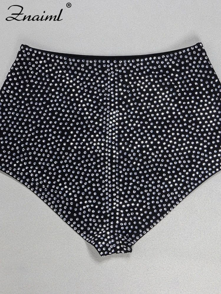 Znaiml Luxury Black Rhinestone Outfits Women Jacket Bra Crop Top and Shorts 3 Pieces Set Elegant Birthday Night Club Prom Suits