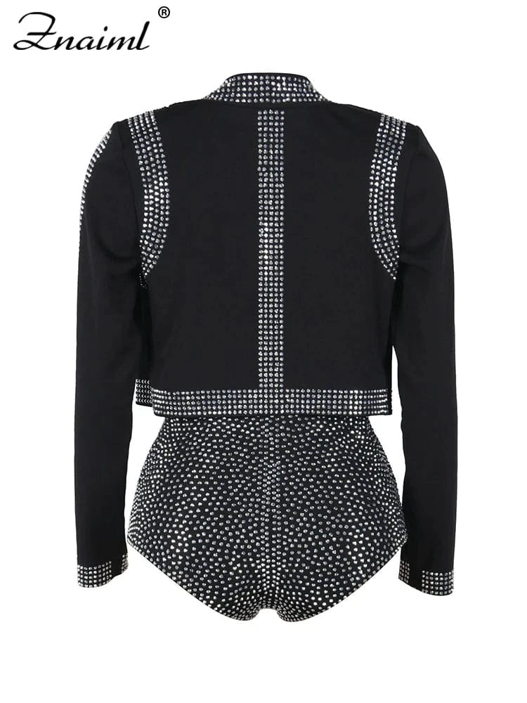 Znaiml Luxury Black Rhinestone Outfits Women Jacket Bra Crop Top and Shorts 3 Pieces Set Elegant Birthday Night Club Prom Suits
