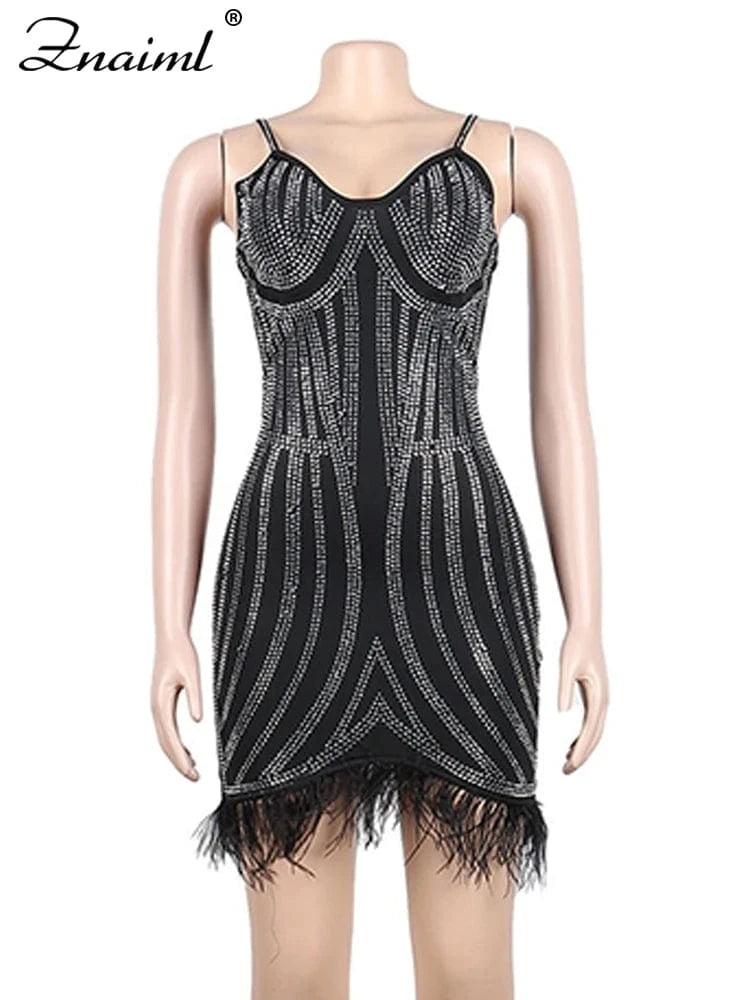 Znaiml Luxury Party Club Prom Mini Dress Women Sexy Rhinestones Black Feather Tassel Hem Spaghetti Strap Bodycon Birthday Robe
