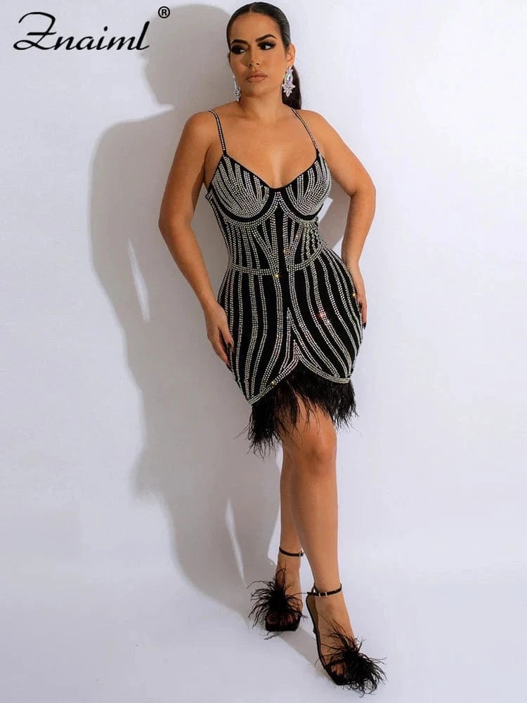 Znaiml Luxury Party Club Prom Mini Dress Women Sexy Rhinestones Black Feather Tassel Hem Spaghetti Strap Bodycon Birthday Robe
