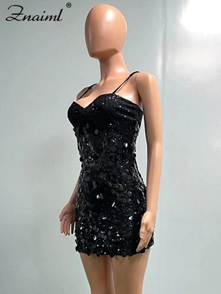 Znaiml Luxury Sequins Glitter Evening Party Mini Dress Women Sleeveless Backless Sexy Night Club Vestidos Birthday Hot Girls