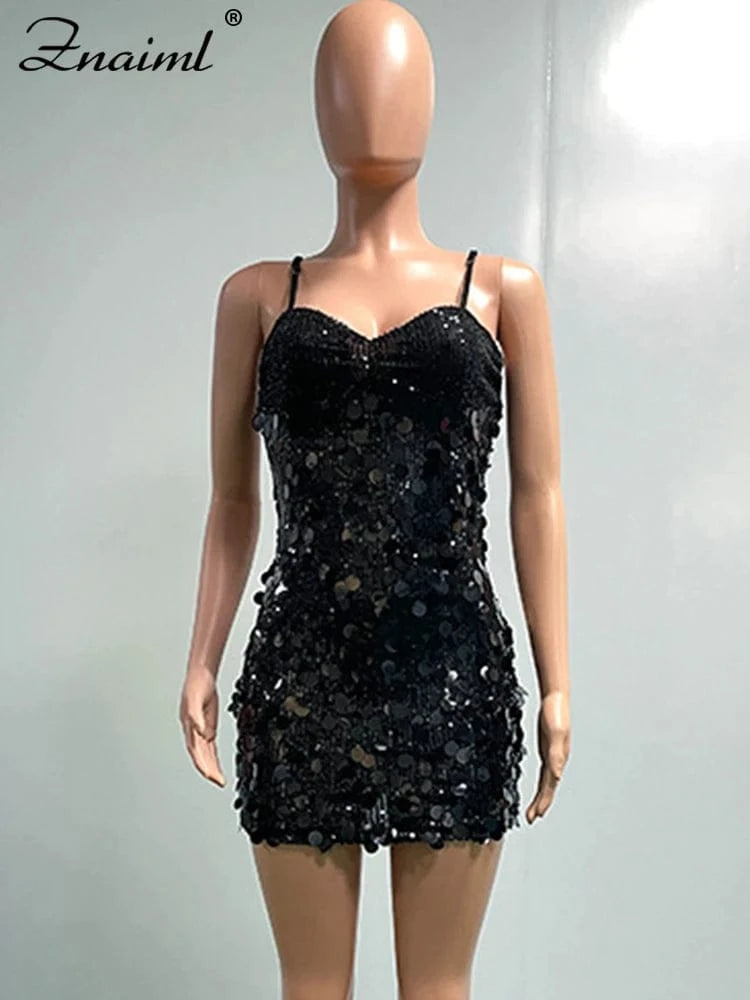 Znaiml Luxury Sequins Glitter Evening Party Mini Dress Women Sleeveless Backless Sexy Night Club Vestidos Birthday Hot Girls