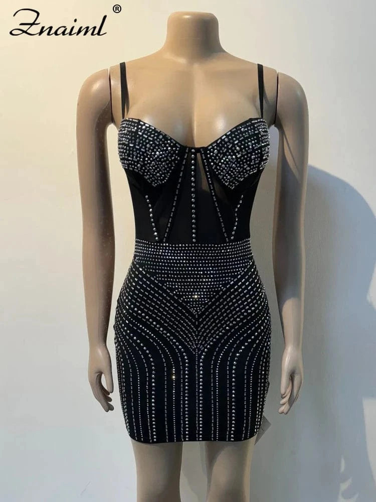 Znaiml Luxury Women Red Mesh See Though Diamonds Spaghetti Strap Sleeveless Bodycon Mini Dress Sexy Birthday Night Club Vestidos