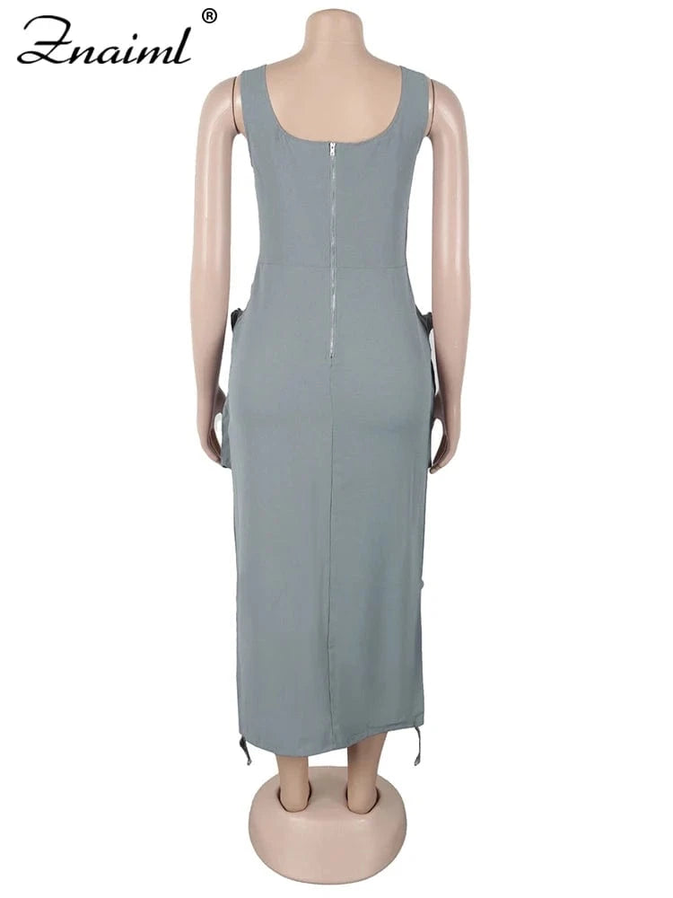 Znaiml Mult Pockets Patchwork Bodycon Mid Dress Woman Sleeveless Backless Zip Gray Cargo Dresses Birthday Club Party Vestidos