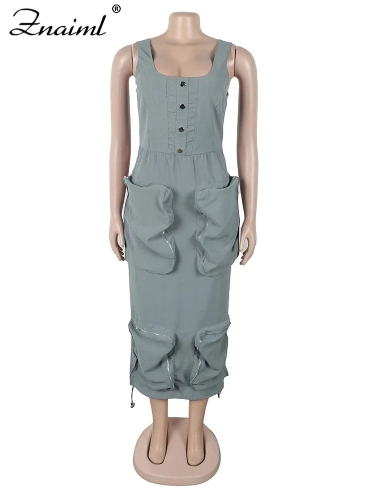 Znaiml Mult Pockets Patchwork Bodycon Mid Dress Woman Sleeveless Backless Zip Gray Cargo Dresses Birthday Club Party Vestidos