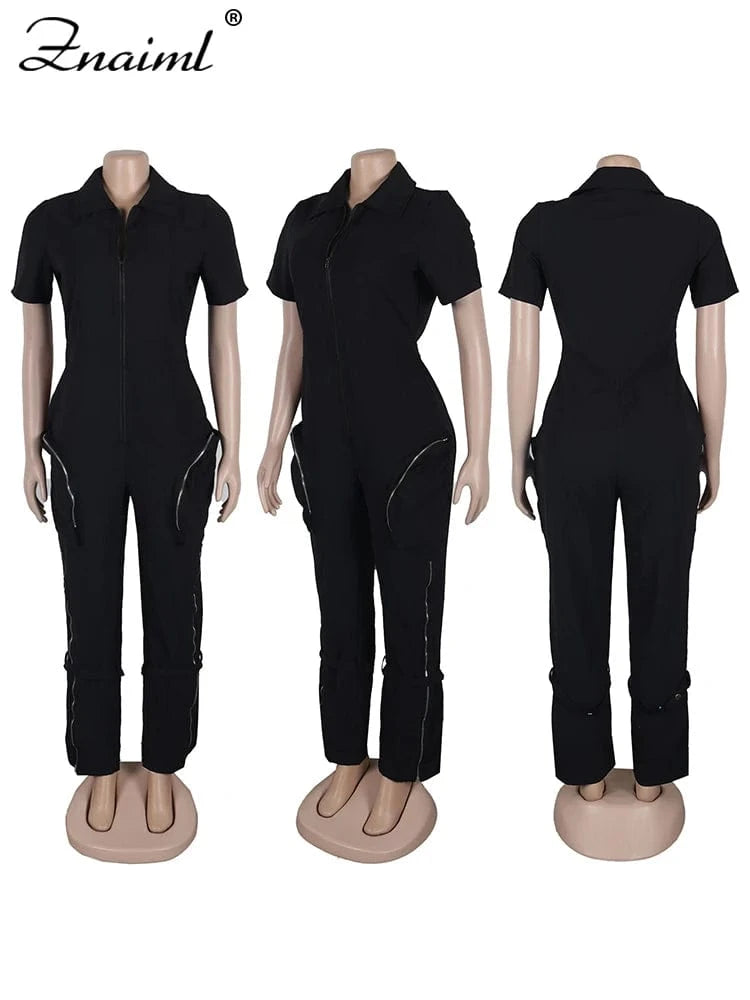 Znaiml Safari Style Short Sleeve Zipper Pocket Jumpsuit Women Fashion Cargo Pants One Piece Overalls Streetwear Playsuit Rompers