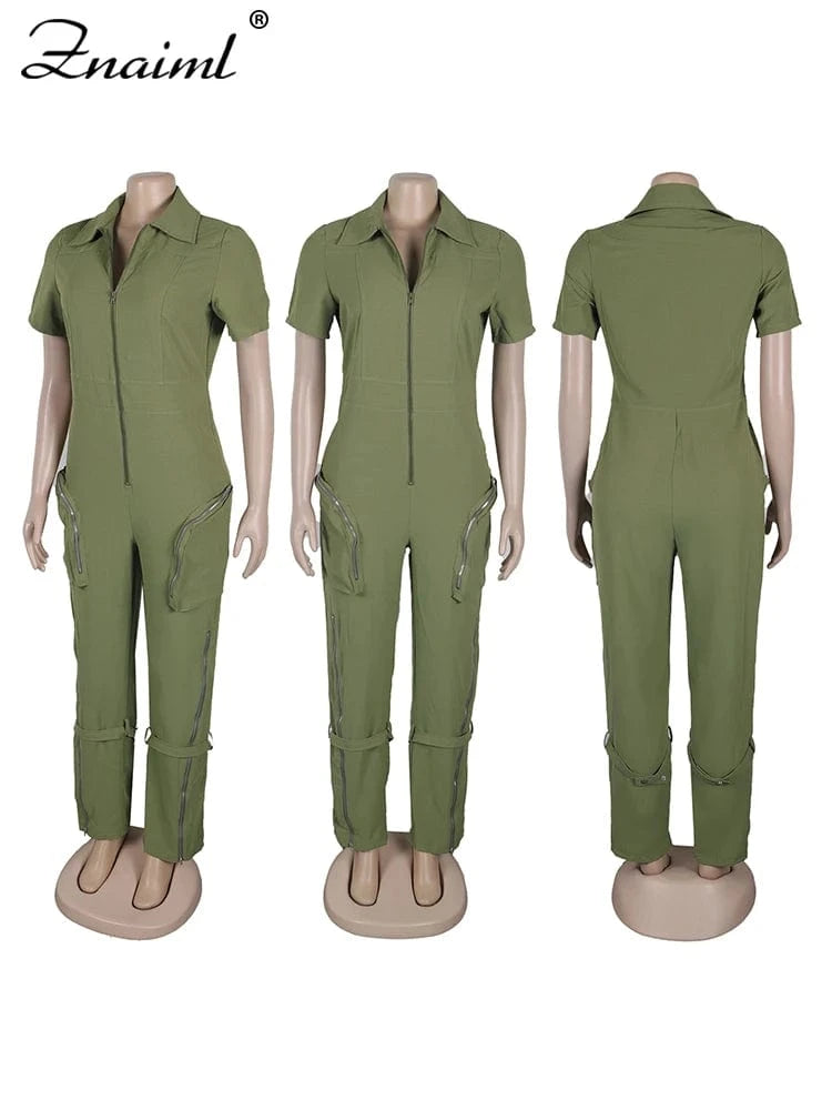 Znaiml Safari Style Short Sleeve Zipper Pocket Jumpsuit Women Fashion Cargo Pants One Piece Overalls Streetwear Playsuit Rompers