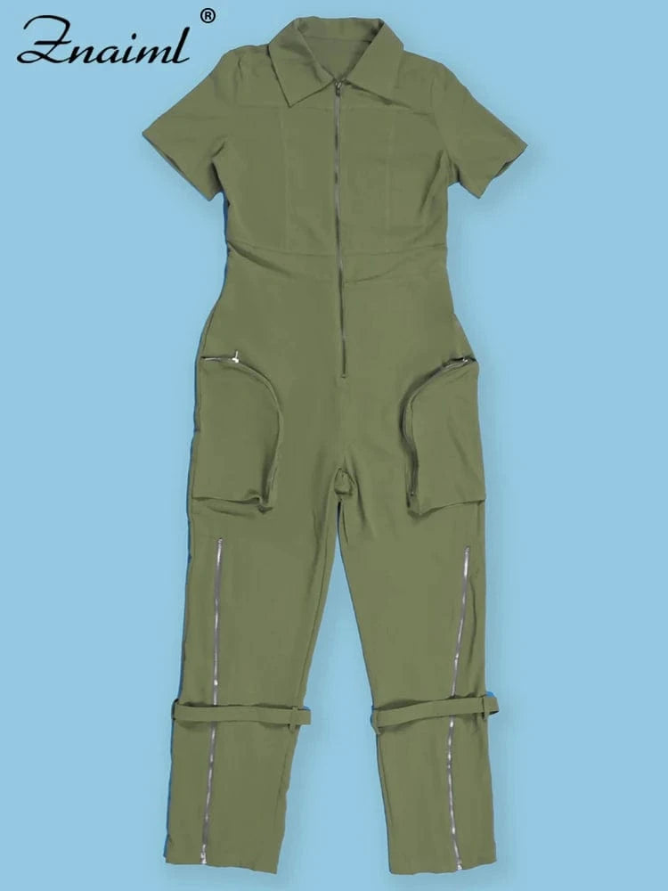 Znaiml Safari Style Short Sleeve Zipper Pocket Jumpsuit Women Fashion Cargo Pants One Piece Overalls Streetwear Playsuit Rompers
