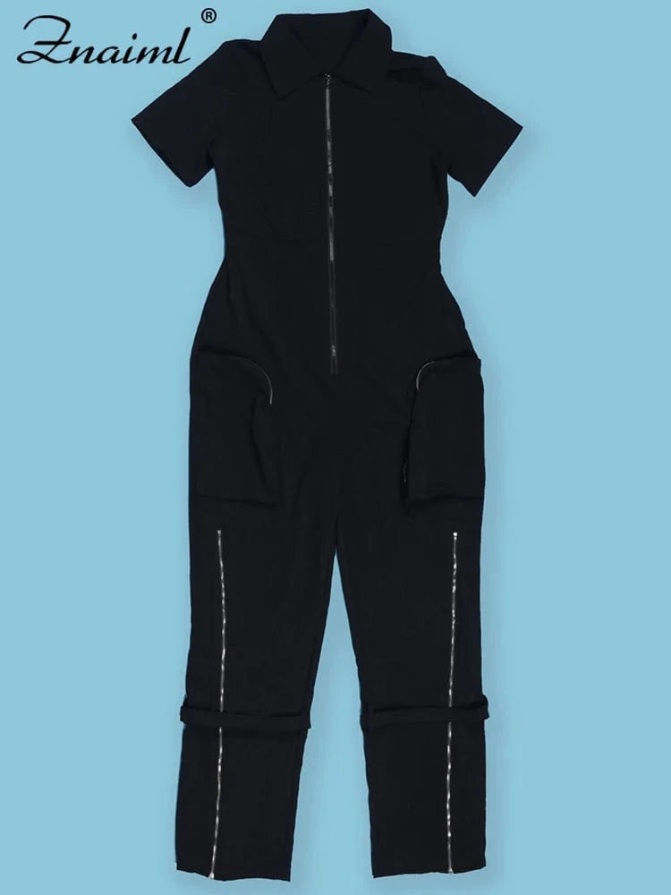 Znaiml Safari Style Short Sleeve Zipper Pocket Jumpsuit Women Fashion Cargo Pants One Piece Overalls Streetwear Playsuit Rompers