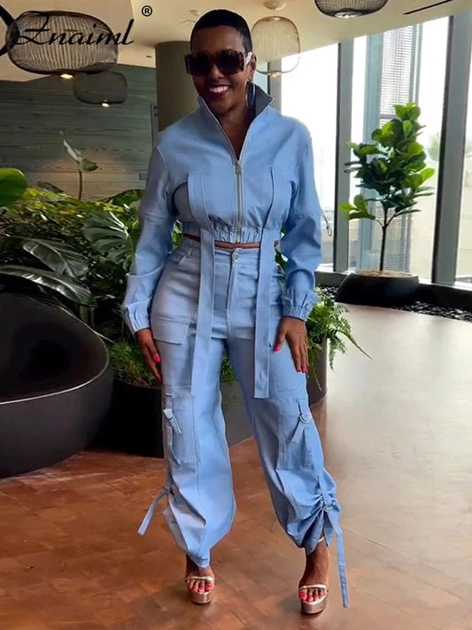 Znaiml Safari Style Streetwear Women Two 2 Piece Set Long Sleeve Zip Bandage Top and Multi-pockets Cargo Pants Matching Outfits