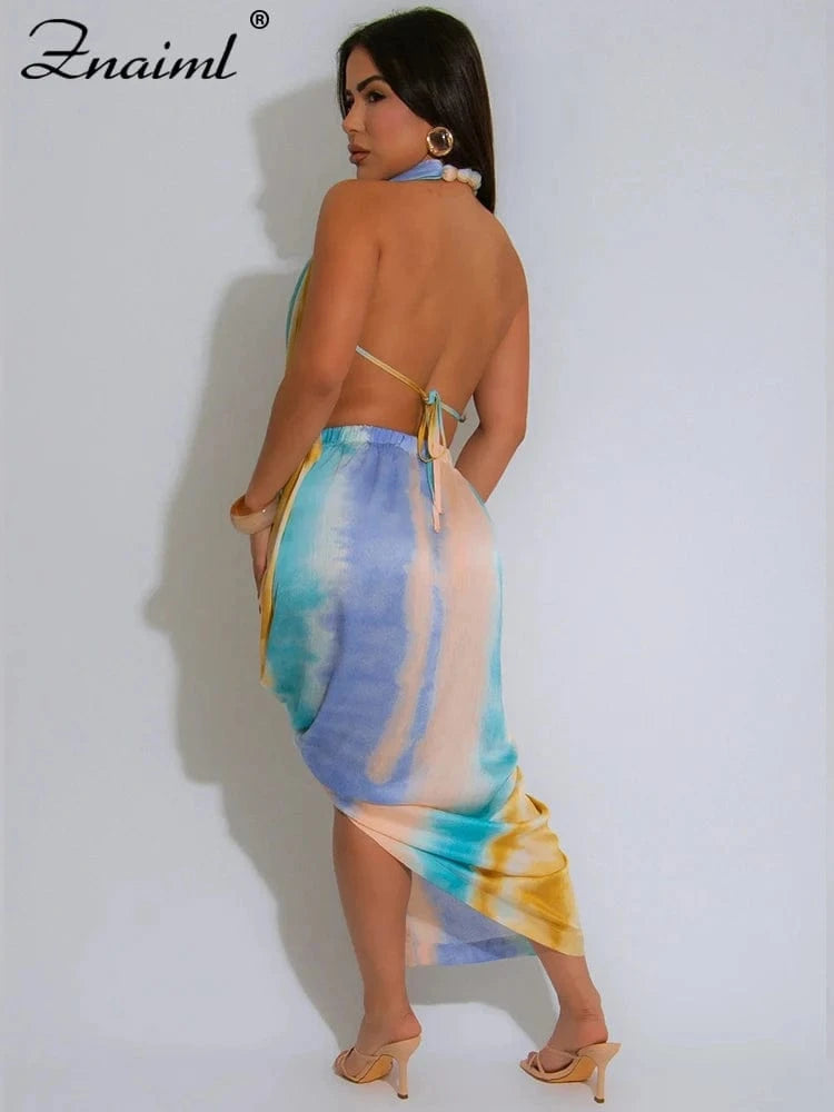 Znaiml Sexy Beach Vacation Deep V-neck Bead Halter Sleeveless Backless Dress Women Fashion High Split Printed Night Club Robe