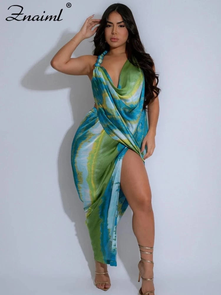 Znaiml Sexy Beach Vacation Deep V-neck Bead Halter Sleeveless Backless Dress Women Fashion High Split Printed Night Club Robe