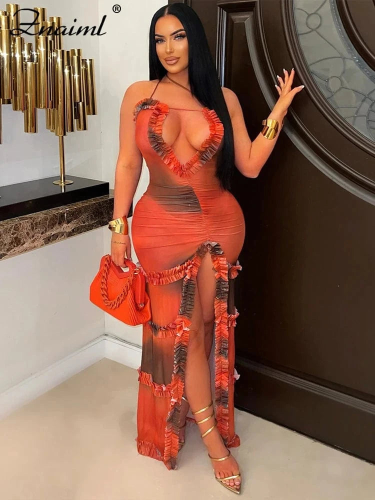 Znaiml Sexy Beach Vacation Spaghetti Strap V-neck Maxi Dress for Women Sleeveless Print Ruffles Ruched High Split Birthday Robe