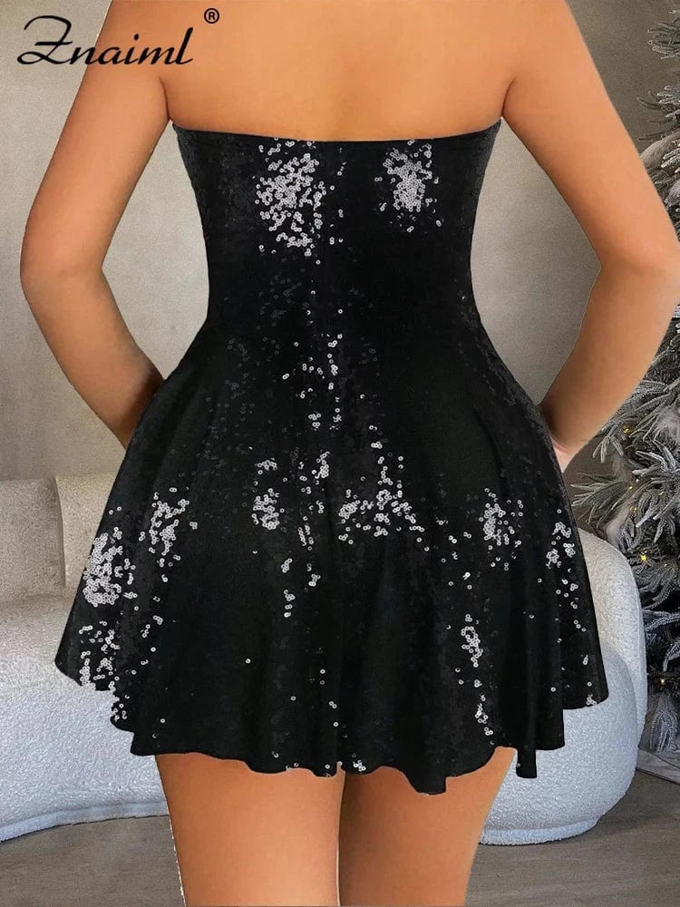 Znaiml Sexy Glitter Black Wedding Short Dress Shiny Sequin Strapless Prom Gown A Line Sweet Night Women Luxury Birthday Dresses