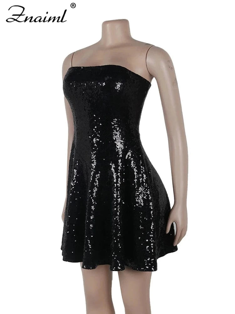 Znaiml Sexy Glitter Black Wedding Short Dress Shiny Sequin Strapless Prom Gown A Line Sweet Night Women Luxury Birthday Dresses