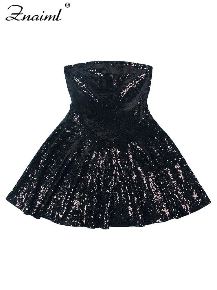 Znaiml Sexy Glitter Black Wedding Short Dress Shiny Sequin Strapless Prom Gown A Line Sweet Night Women Luxury Birthday Dresses