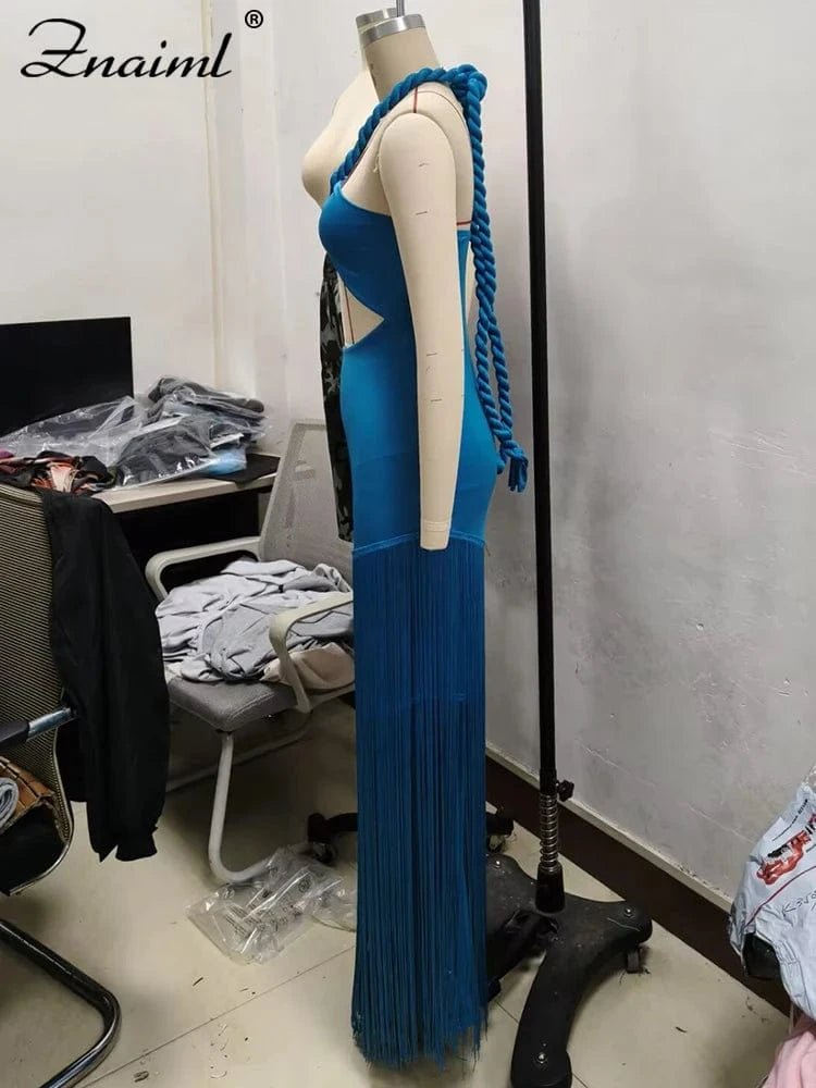 Znaiml Sexy Halter Backless Tassel Bodycon Blue Maxi Dress for Women Elegant Celebrity Birthday Party Evening Prom Formal Robe