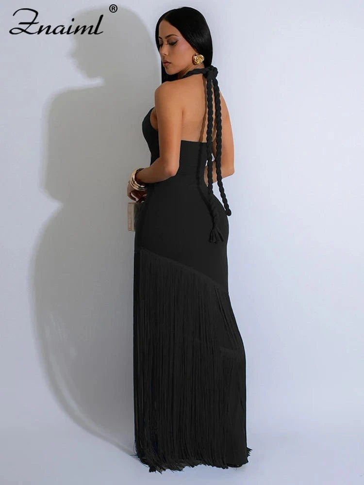 Znaiml Sexy Halter Backless Tassel Bodycon Blue Maxi Dress for Women Elegant Celebrity Birthday Party Evening Prom Formal Robe