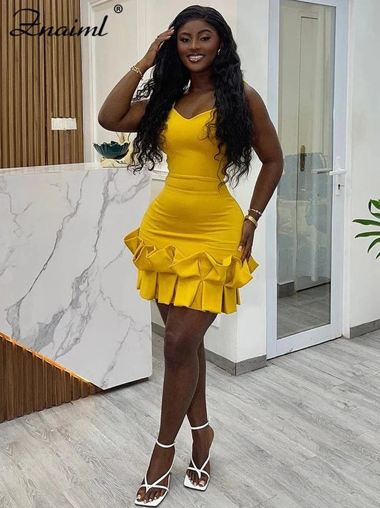 Znaiml Sexy Ruffle Bodycon Spaghetti Strap Sheath Yellow Mini Dresses Women V Neck Backless Birthday Prom Night Evening Vestidos