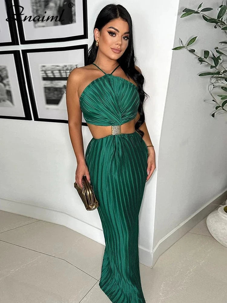 Znaiml Sexy Women Green Prom Gowns Off The Shoulder Long Maxi Dresses Satin Halter Pleated Backless Formal Evening Gown Vestidos