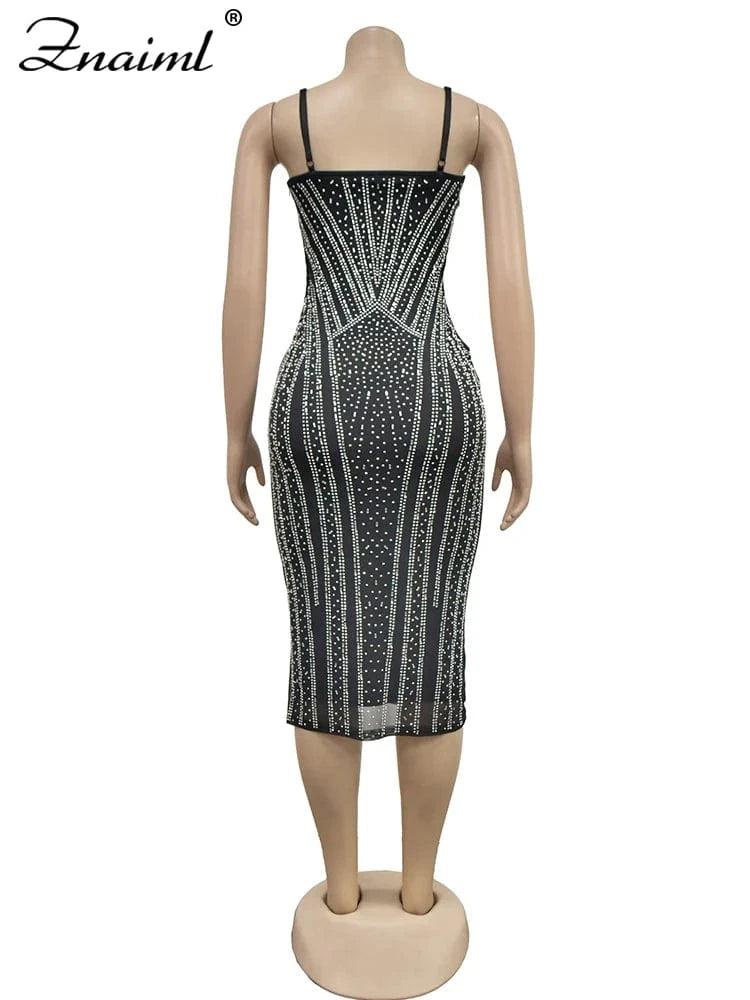 Znaiml Spaghetti Strap Strapless Celebrity Prom Even Midi Dresses for Women Sparkly Crystal Rhinestone Birthday Night Clubwear