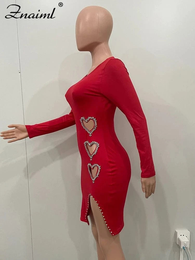 Znaiml Sparkly Diamonds Heart-shaped Love Birthday Dresses for Women Night Party Long Sleeve Side Slit Bodycon Mini Vestidos