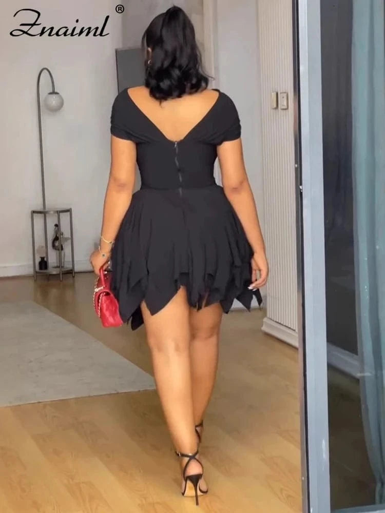 Znaiml Strapless V Backless Birthday Prom Night Evening Ruffle A-Line Mid Dresses Women Sexy Bodycon Sheath Black Vestidos 2025