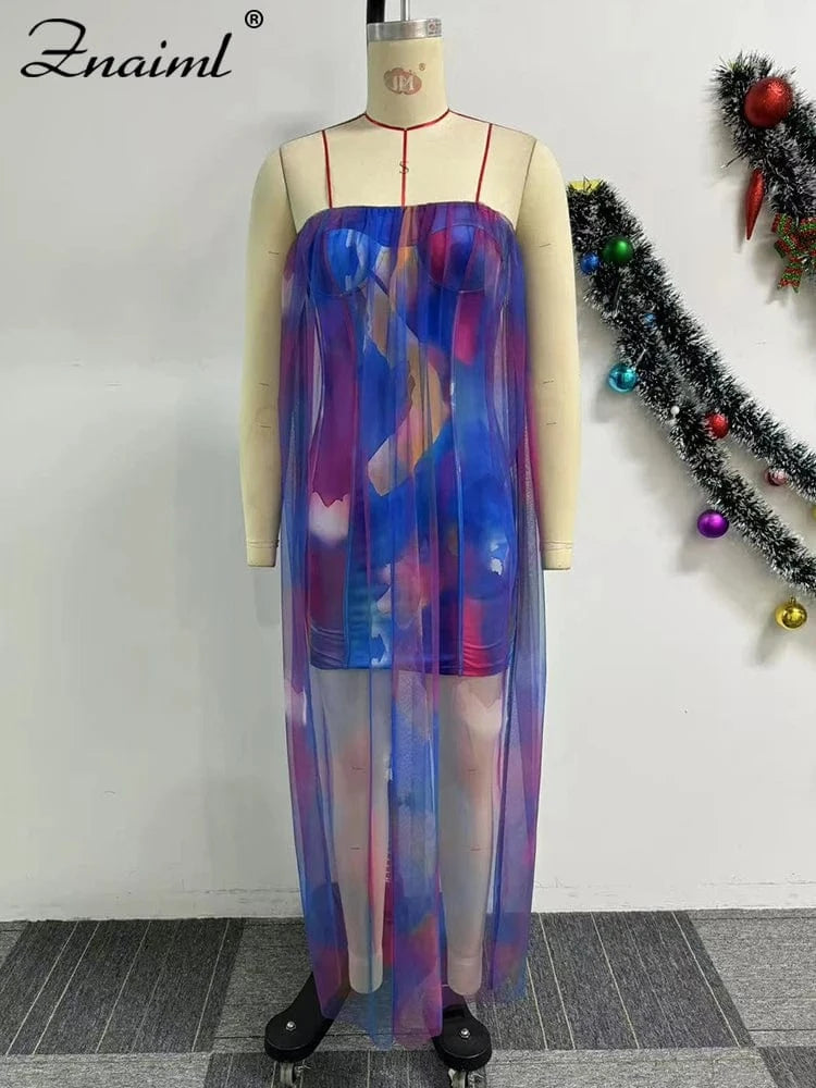 Znaiml Summer Tie Dye Print Women Colorful Off Shoulder Wrapped Chest Dress with Mesh See Through Birthday Vacation Long Dresses