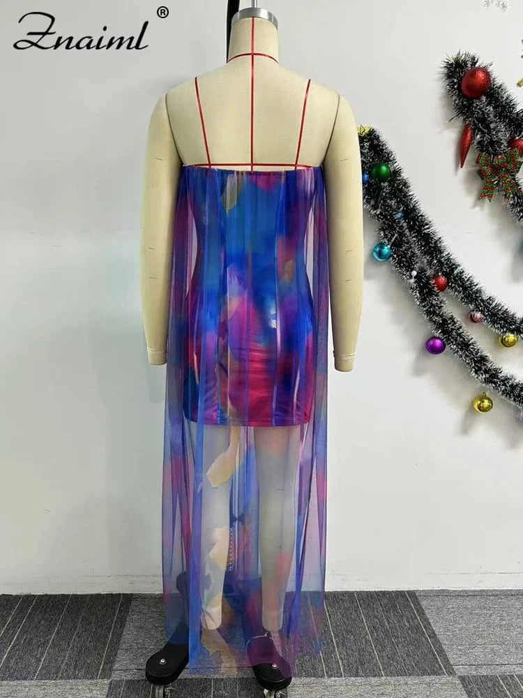 Znaiml Summer Tie Dye Print Women Colorful Off Shoulder Wrapped Chest Dress with Mesh See Through Birthday Vacation Long Dresses