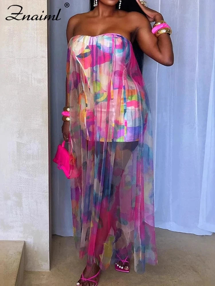 Znaiml Summer Tie Dye Print Women Colorful Off Shoulder Wrapped Chest Dress with Mesh See Through Birthday Vacation Long Dresses