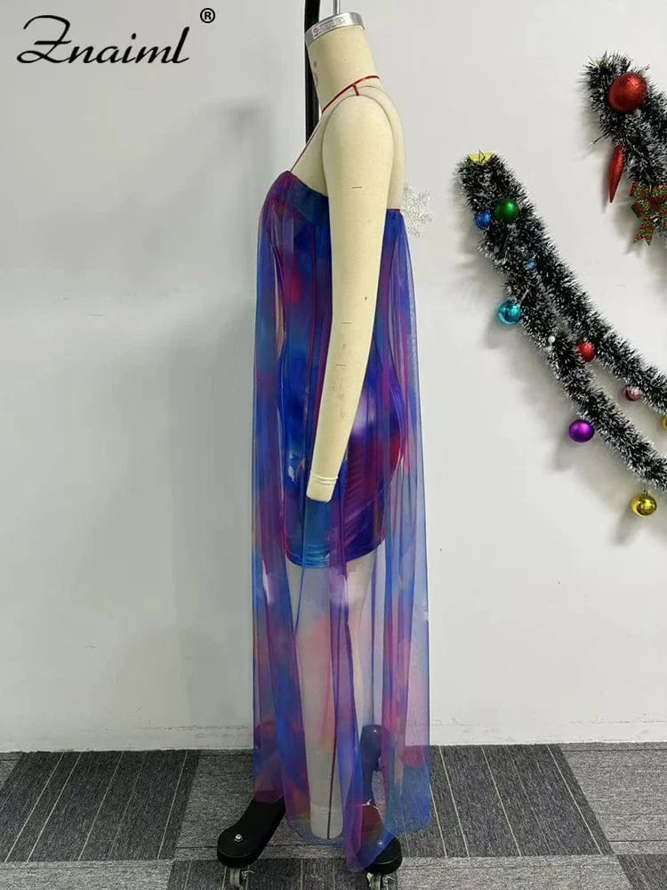 Znaiml Summer Tie Dye Print Women Colorful Off Shoulder Wrapped Chest Dress with Mesh See Through Birthday Vacation Long Dresses