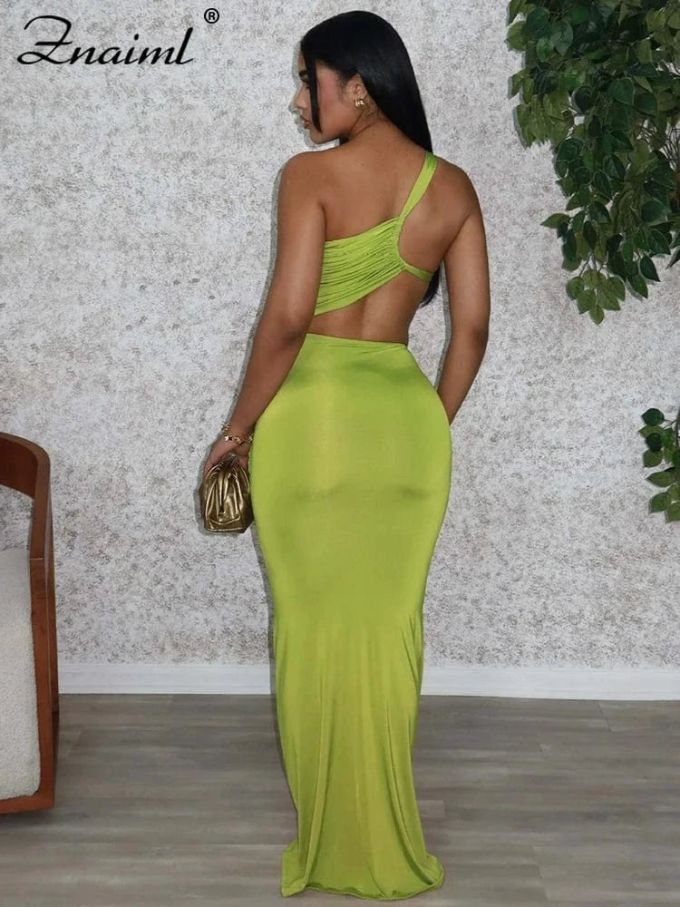 Znaiml Women Hollow Out One Shoulder Sleeveless Bodycon Birthday Long Dress Green Irregular Ruched Sexy Evening Gown Vestidos