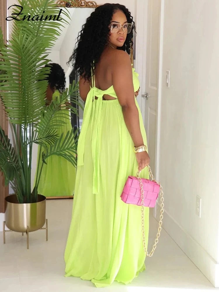 Znaiml Women's Halter Sleeveless Backless Deep V-neck A-Line Long Dress for Autumn Vacation Sexy Party Birthday Evening Vestidos