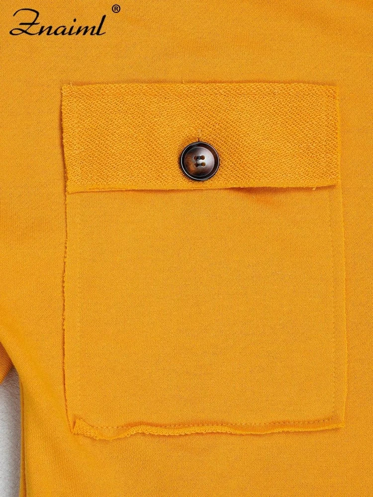 Znaiml Women's Long Sleeve Pocket Jumpsuit Casual Loose Wide Leg Pants Orange Shirt Rompers One Piece Autumn Streetwear Outfit