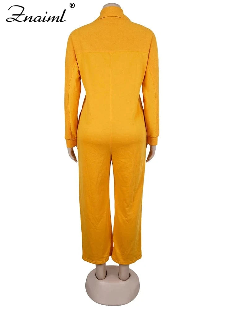 Znaiml Women's Long Sleeve Pocket Jumpsuit Casual Loose Wide Leg Pants Orange Shirt Rompers One Piece Autumn Streetwear Outfit
