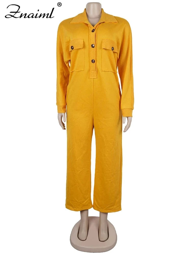 Znaiml Women's Long Sleeve Pocket Jumpsuit Casual Loose Wide Leg Pants Orange Shirt Rompers One Piece Autumn Streetwear Outfit