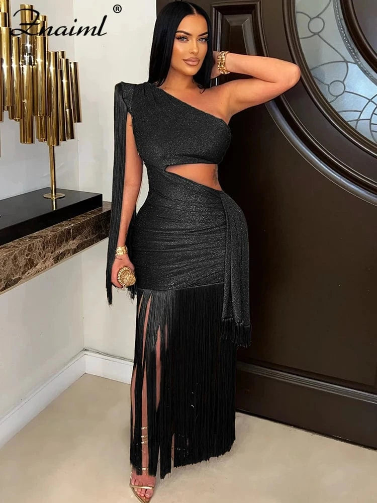 Znaiml Women's One Shoulder Diagonal Collar Fringe Dress Summer Hollow Out Tassel Vacation Birthday Evening Night Club Vestidos