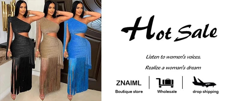 Znaiml Women's One Shoulder Diagonal Collar Fringe Dress Summer Hollow Out Tassel Vacation Birthday Evening Night Club Vestidos