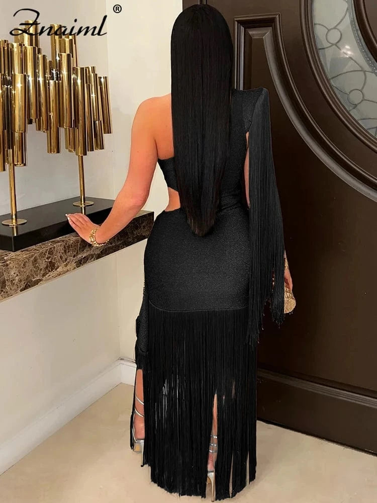 Znaiml Women's One Shoulder Diagonal Collar Fringe Dress Summer Hollow Out Tassel Vacation Birthday Evening Night Club Vestidos