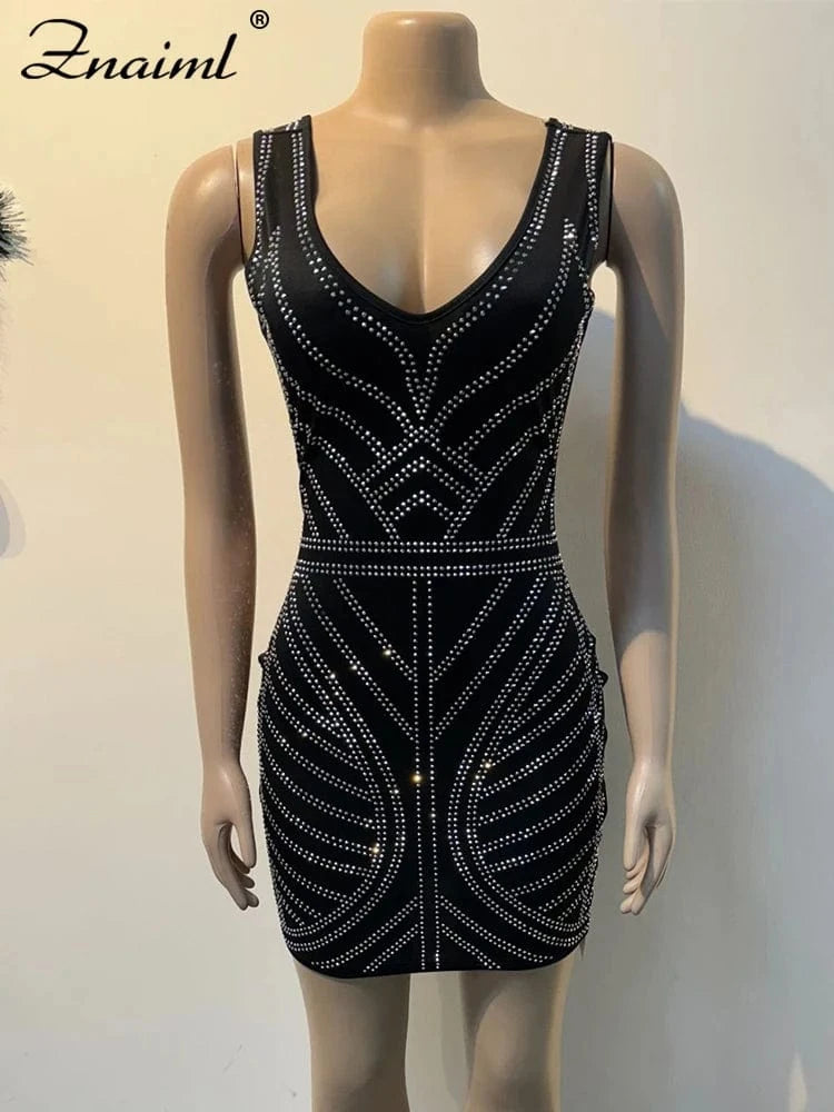 Znaiml Women's Rhinestones V-neck Black Mini Dress Prom Diamonds Sleeveless Slim Sexy Party Night Club Birthday Outfits Vestidos