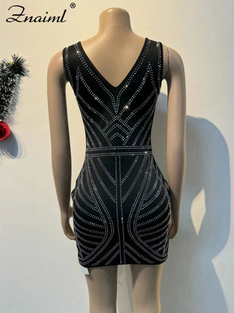 Znaiml Women's Rhinestones V-neck Black Mini Dress Prom Diamonds Sleeveless Slim Sexy Party Night Club Birthday Outfits Vestidos