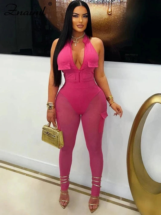 Znaiml Women's Two 2 Piece Pants Sets Sexy Deep V-neck Halter Sleeveless Backless Pocket Tops and Mesh Trousers Night Club Suit