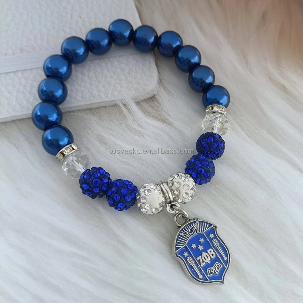 ZPB Greek Sorority Society Zeta Phi Beta Symbol White Blue Enamel Shield Charm Beads Bracelet Lady Jewelry